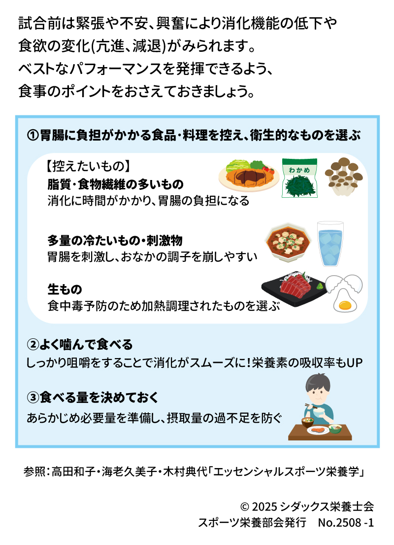 知って得するスポーツ栄養  試合前の食事のポイント  試合前は、緊張や不安、興奮により消化機能の低下や食欲の変化（亢進、減退）が見られます。ベストなパフォーマンスを発揮できるよう、食事のポイントをおさえておきましょう 。 1. 胃腸に負担がかかる食品・料理を控え、衛生的なものを選ぶ  •	控えたいもの o	脂質・食物繊維の多いもの: 消化に時間がかかり、胃腸の負担になります 。 o	多量の冷たいもの・刺激物: 胃腸を刺激し、おなかの調子を崩しやすいです 。 o	生もの: 食中毒予防のため、加熱調理されたものを選びましょう 。 2. よく噛んで食べる  しっかり咀嚼することで消化がスムーズになり、栄養素の吸収率もUPします 。 3. 食べる量を決めておく  あらかじめ必要量を準備し、摂取量の過不足を防ぎましょう 。 ________________________________________ 参照：高田和子・海老久美子・木村典代「エッセンシャルスポーツ栄養学」  © 2025 シダックス栄養士会  SHIDAX 未来の子供たちのために  スポーツ栄養部会発行 No.2508-1 