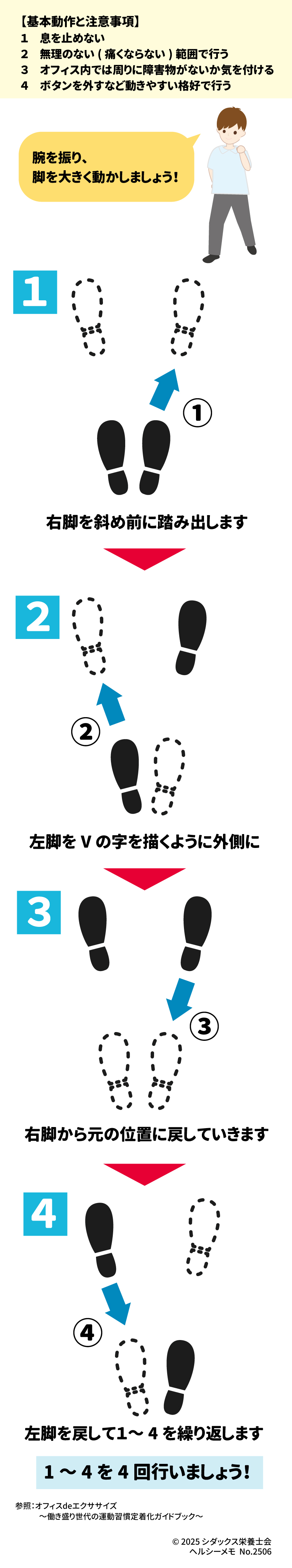 オフィスで簡単にできる！ 　股関節をしなやかに！美脚・健脚エクササイズ～Vステップ～ 【基本動作と注意事項】 １　息を止めない ２　無理のない(痛くならない)範囲で行う ３　オフィス内では周りに障害物がないか気を付ける ４　ボタンを外すなど動きやすい格好で行う  １右脚を斜め前に踏み出します ２左脚をVの字を描くように外側に ３右脚から元の位置に戻していきます ４左脚を戻して１～４を繰り返します １～４を4回行いましょう！ 腕を振り、脚を大きく動かしましょう！  参考：オフィスdeエクササイズ  　　　～働き盛り世代の運動習慣定着化ガイドブック～ 