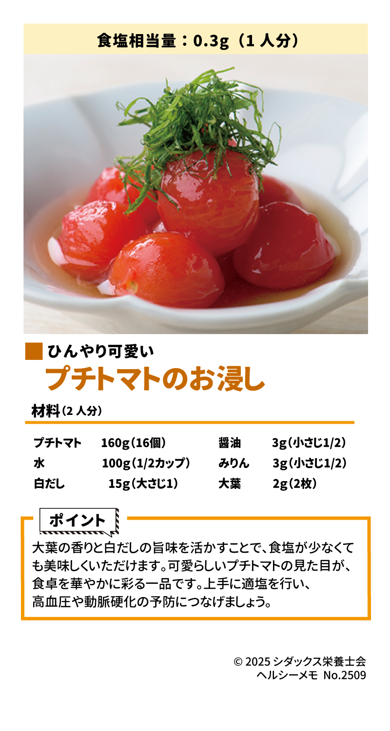 美味しく適塩レシピ  ひんやり可愛い  プチトマトのお浸し  食塩相当量:0.3g(1人分)  材料(2人分)  プチトマト: 160g (16個) 水: 100g (1/2カップ) 白だし: 15g (大さじ1) 醤油: 3g (小さじ1/2) みりん: 3g (小さじ1/2) 大葉: 2g (2枚) ポイント  大葉の香りと白だしの旨味を活かすことで、食塩が少なくても美味しくいただけます 。可愛らしいプチトマトの見た目が、食卓を華やかに彩る一品です 。上手に適塩を行い、高血圧や動脈硬化の予防につなげましょう 。  ソラレピ  シダックスの管理栄養士が監修した1週間分の献立を365日お届けします 。お弁当にも活用できるおかずが満載です 。  SHIDAX  未来の子供たちのために  公式サイト  © 2025 シダックス栄養士会  ヘルシーメモ No.2509