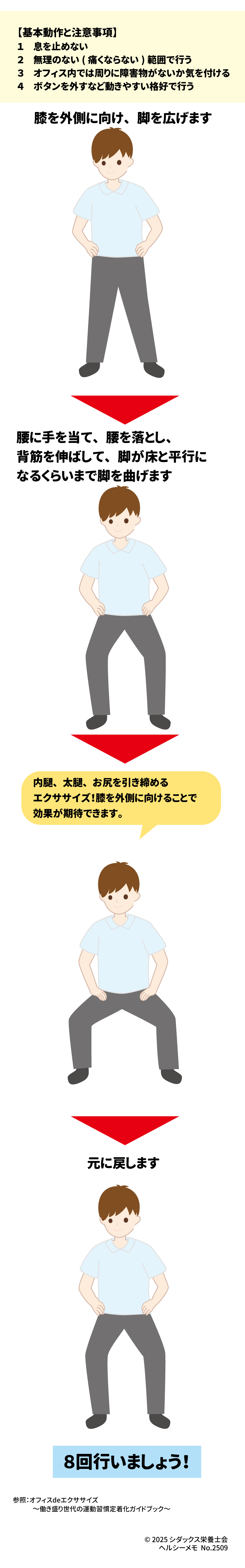 LET'S TRY!  オフィスで簡単にできる！  美脚・健脚エクササイズ  ～プリエ（膝外向きスクワット）～  【基本動作と注意事項】  息を止めない 無理のない（痛くならない）範囲で行う オフィス内では周りに障害物がないか気を付ける ボタンを外すなど動きやすい格好で行う 内腿、太腿、お尻を引き締めるエクササイズ！  膝を外側に向けることで効果が期待できます 。  膝を外側に向け、脚を広げます 。 腰に手を当て、腰を落とし、背筋を伸ばして、脚が床と平行になるくらいまで脚を曲げます 。 元に戻します 。 8回行いましょう！ 参照:  オフィスdeエクササイズ  ～働き盛り世代の運動習慣定着化ガイドブック～  SHIDAX  未来の子供たちのために  © 2025 シダックス栄養士会  ヘルシーメモ No.2509