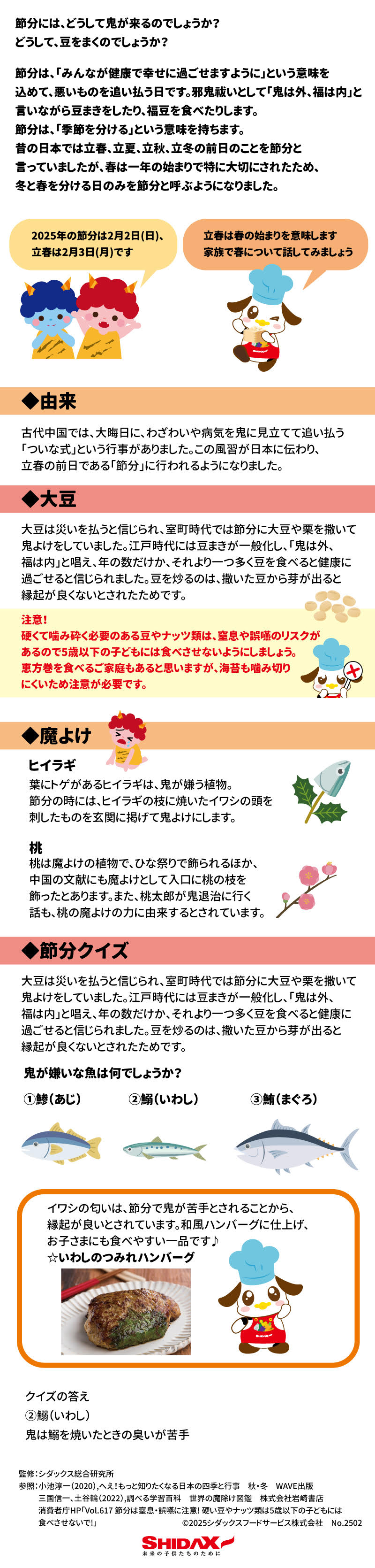 食育レター　節分 2025年の節分は2月2日（日）、立春は2月3日（月）です 節分には、どうして鬼が来るのでしょうか？どうして、豆をまくのでしょうか？ 節分は、「みんなが健康で幸せに過ごせますように」という意味を込めて、悪いものを追い払う日です。邪気払いとして「鬼は外、福は内」と言いながら豆まきをしたり、福豆を食べたりします。節分は、「季節を分ける」という意味を持ちます。 昔の日本では、立春、立夏、立秋、立冬の前日のことを節分と言っていましたが、春は一年の始まりで特に大切にされたため、冬と春を分ける日のみを節分と呼ぶようになりました。 立春は春の始まりを意味します 家族で春について話してみましょう 由来 古代中国では、大晦日に、わざわいや病気を鬼に見立てて追い払う「ついな式」という行事がありました。この風習が日本に伝わり、立春の前日である「節分」に行われるようになりました。 大豆 大豆は災いを払うと信じられ、室町時代では節分に大豆や栗を撒いて鬼よけをしていました。江戸時代には豆まきが一般化し、「鬼は外、福は内」と唱え、年の数だけか、それより一つ多く豆を食べると健康に過ごせると信じられました。豆を炒るのは、撒いた豆から芽が出ると縁起が良くないとされたためです。 注意！ 硬くて噛み砕く必要のある豆やナッツ類は、窒息や誤嚥のリスクがあるので5歳以下の子どもには食べさせないようにしましょう。 恵方巻を食べるご家庭もあると思いますが、海苔も噛み切りにくいため注意が必要です。 魔よけ ヒイラギ 葉にトゲがあるヒイラギは、鬼が嫌う植物。 節分の時には、ヒイラギの枝に焼いたイワシの頭を 刺したものを玄関に掲げて鬼よけにします。 桃 桃は魔よけの植物で、ひな祭りで飾られるほか、 中国の文献にも魔よけとして入口に桃の枝を 飾ったとあります。また、桃太郎が鬼退治に行く 話も、桃の魔よけの力に由来するとされています。 節分クイズ鬼が嫌いな魚は何でしょうか？ 1鯵(あじ) 2鰯(いわし) 3鮪(まぐろ)  クイズの答え 2鰯(いわし) 鬼は鰯を焼いたときの臭いが苦手 イワシの匂いは、節分で鬼が苦手とされることから、 縁起が良いとされています。和風ハンバーグに仕上げ、 お子さまにも食べやすい一品です♪ ☆いわしのつみれハンバーグ 監修:シダックス総合研究所 参照:小池淳一(2020),へえ!もっと知りたくなる日本の四季と行事 秋・冬 WAVE出版 三国信一、土谷輪(2022),調べる学習百科 世界の魔除け図鑑 株式会社岩崎書店 消費者庁HP「Vol.617 節分は窒息・誤嚥に注意! 硬い豆やナッツ類は5歳以下の子どもには食べさせないで!」