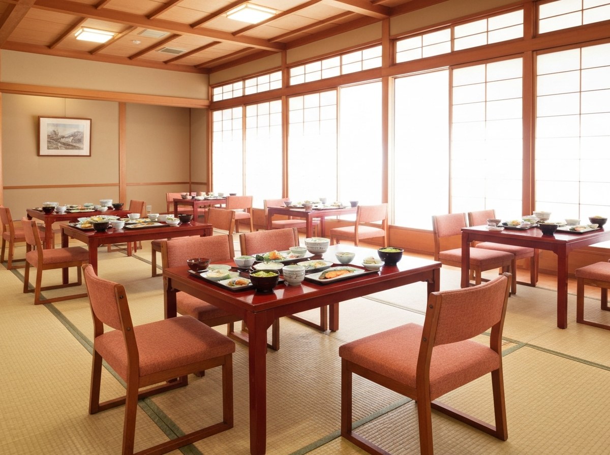 食堂に一同で会して味わう朝の鮭定食