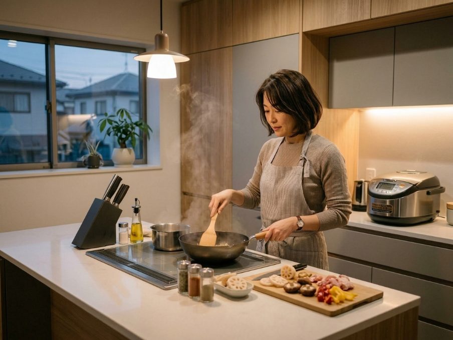 家庭のキッチンで料理を作る様子